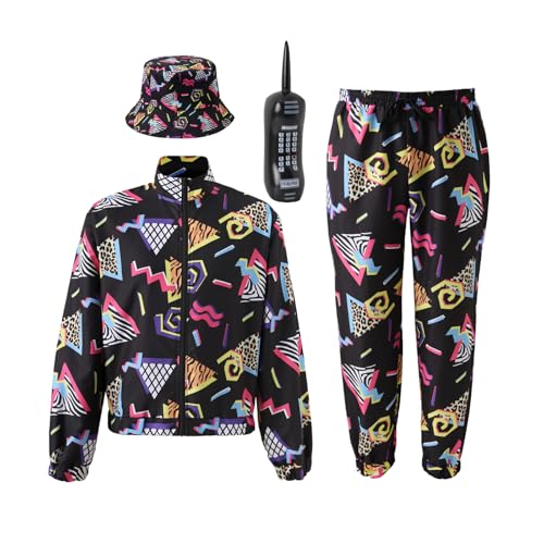 IFFEI 80er-Jahre-Trainingsanzug, Herren-Kostüm, 90er-Jahre, Hip-Hop, Muschel-Anzug, Retrojacke, Disco-Kostüm mit Hut, Requisiten (Schwarz, XXL) von IFFEI