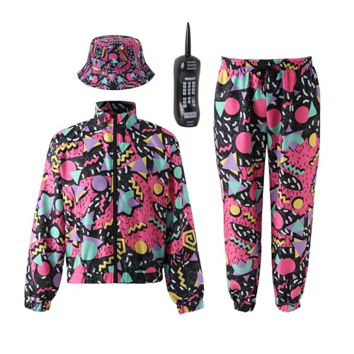 IFFEI 80er-Jahre-Trainingsanzug für Herren, 90er-Jahre, Hip-Hop, Muschel-Anzug, Retrojacke, Disco-Kostüm mit Hut, Requisiten (Rosa, XL) von IFFEI
