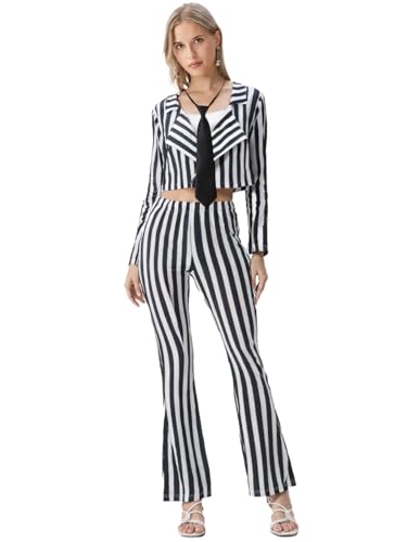 IFFEI Schwarz-weißer Blazer für Damen, Nadelstreifenanzug, schwarz-weiß gestreifte Hose, Outfits, Halloween-Kostüm, schwarz und weiß, L IFFEI Schwarz-weißer Blazer für Damen, Nadelstreifenanzug, schwarz-weiß gestreifte Hose, Outfits, Halloween-Kostüm, schwarz und weiß, L von IFFEI