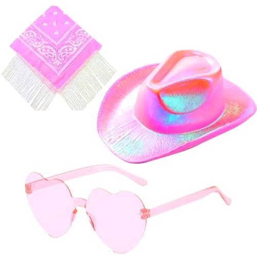 IFHDO Cowboy Hut, 3 Cowboyhut Cowgirl mit Herzbrille Schal Cowgirl Kostüm Accessoires Damen Cowboy Hut Wilder Westen Kostü Westernhut für Party Cosplay Karnevalsfeiertage, Mottoparty (Rosa) von IFHDO