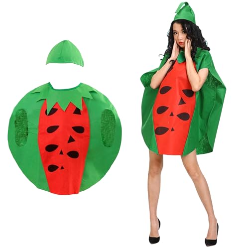 IGEAIIE Wassermelonenkostüm für Erwachsene, lustiges Obstkleid-Outfit mit Kopfbedeckung, Vliesstoff, ausgefallenes Cosplay-Kostüm für Halloween, Party-Rollenspiel-Events und Themenpartys von IGEAIIE