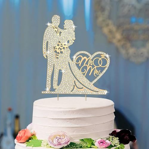 Cake Topper Hochzeits, Strass Tortendeko Hochzeit, Mr & Mrs Deko Torte Hochzeitstorte Deko Metall Hochzeits Tortendenstecker für Hochzeit Jahrestagsparty Geburtstag Partei (A) von IHLOOTD