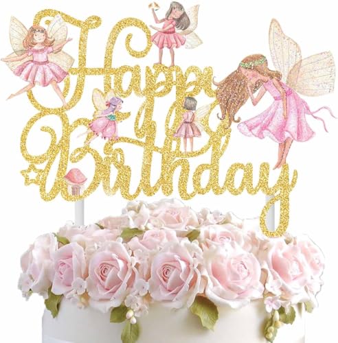 Fee Tortendeko Glänzend Feen Tortendeko Fairy Kuchen Topper Happy Birthday Kuchen Deko für Mädchen Kinder Geburtstag Taufe Feenparty (Rosa) von IHLOOTD