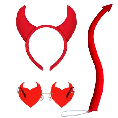 IHLOOTD Halloween Kostüm Zubehör 3 Stück Halloween Accessoires Damen mit Halloween Teufelshörner Haarreif Teufel Schwanz Rot Herz Sonnenbrille für Cosplay, Masquerade, Karneval (B) von IHLOOTD