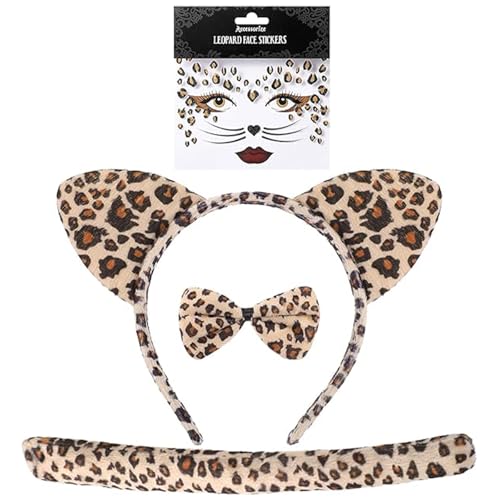 IHLOOTD Leopard Kostüm Set, Tier Ohren Stirnband Fliege Mit Temporäre Tattoos, Kostüm Zubehör Set Für Halloween Cosplay Partys, Karneval Party, Für Kinder Erwachsene (A) von IHLOOTD