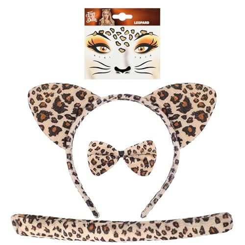 IHLOOTD Leopard Kostüm Set, Tier Ohren Stirnband Fliege Mit Temporäre Tattoos, Kostüm Zubehör Set Für Halloween Cosplay Partys, Karneval Party, Für Kinder Erwachsene (B) von IHLOOTD