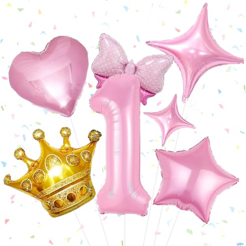 Luftballons Geburtstag Mädchen 7 Stück Rosa Ballon Geburtstag, Schleifen Folienballon Kronenballon Stern Luftballon Liebesballon für Kindergeburtstag, Jubiläum, Geburtstagsfeier (1 Jahre) von IHLOOTD