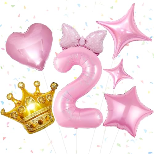 Luftballons Zum 2. Geburtstag Mädchen 7 Stück Rosa Ballon Geburtstag, Schleifen Folienballon Kronenballon Stern Luftballon Liebesballon für Kindergeburtstag, Jubiläum, Geburtstagsfeier von IHLOOTD