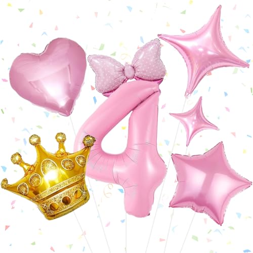 Luftballons Geburtstag Mädchen 7 Stück Rosa Ballon Geburtstag, Schleifen Folienballon Kronenballon Stern Luftballon Liebesballon für Kindergeburtstag, Jubiläum, Geburtstagsfeier (4 Jahre) von IHLOOTD