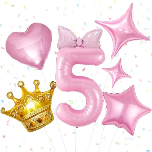 Luftballons Geburtstag Mädchen 7 Stück Rosa Ballon Geburtstag, Schleifen Folienballon Kronenballon Stern Luftballon Liebesballon für Kindergeburtstag, Jubiläum, Geburtstagsfeier (5 Jahre) von IHLOOTD