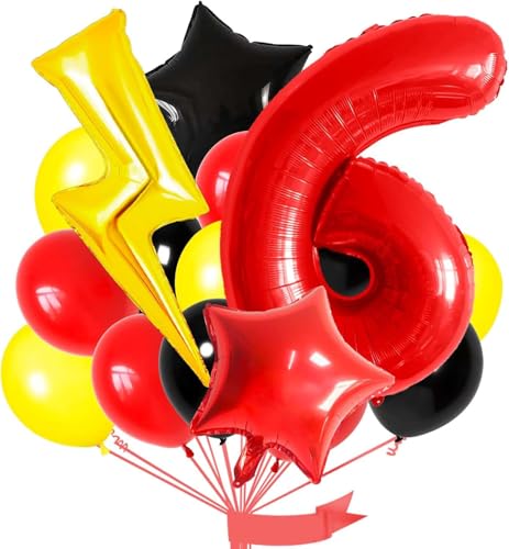 Luftballon Blitz 6 Jahre 16 Stück Schwarz Rot Gelb Latexballons Blitz Folienballon Stern Ballons für Junge Deko 6. Geburtstag von IHLOOTD