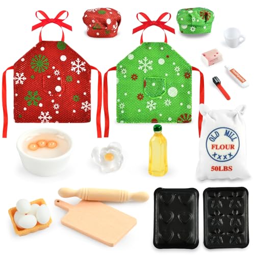 Miniatur Wichtel Zubehör Puppenhaus Küche Backset Mini Eier Nudelholz Mehlsack Ölflasche Weihnachtselfen Kleidung Schürze, Kochmütze Wichtel Miniatur Toilettenartikel (C) von IHLOOTD