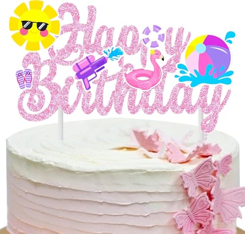 Sommer Pool Party Geburtstags Tortendeko, Glitzernde Happy Birthday Cake Topper, Hawaiisch Strand Kuchen Topper, Sommer Pool Party Kuchen Dekoration für Sommer Geburtstagsfeiern und Poolpartys (B) von IHLOOTD
