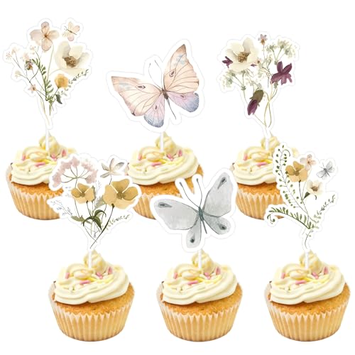 Blumen Tortendeko 24 Stück 6 Stile Blumen Torten Deko Wild Blumen Kuchen Deko Doppelseitig für Kinder Geburtstag Hochzeit Gartenparty Frühlingsparty von IHLOOTD