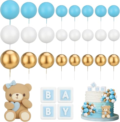 Tortendeko Kugeln Cake Topper Bär 29 Stück Blau Bär Torten deko Baby Taufe Tortendeko Junge Kinder Fondant Figuren Babyparty, Gender Reveal Partyzubehör, Geburtstag, Feierlichkeiten von IHLOOTD
