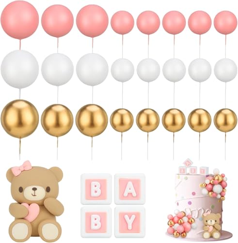 Tortendeko Kugeln Cake Topper Bär 29 Stück Rosa Bär Torten Deko Baby Taufe Tortendeko Junge Kinder Fondant Figuren Babyparty, Gender Reveal Partyzubehör, Geburtstag, Feierlichkeiten von IHLOOTD