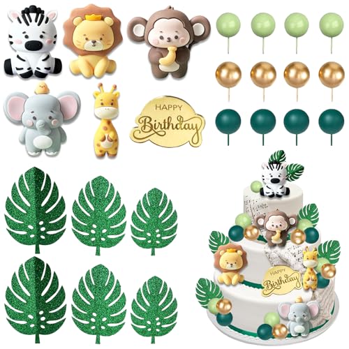 Tortendeko Waldtiere 27 Stück Tortendeko Kugeln Grün Dschungel Tiere Torten Deko Wald Safari Kuchen Deko für Kinder Geburtstag, Dschungel Themed Party von IHLOOTD