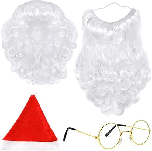 IHLOOTD Weihnachtsmann Bart und Perücke Mütze Brille 4 Stück Santa Claus Zubehör Nikolaus Bart und Perücke Weihnachtsmannbart für Weihnachten, Kostümfeste, Cosplay von IHLOOTD
