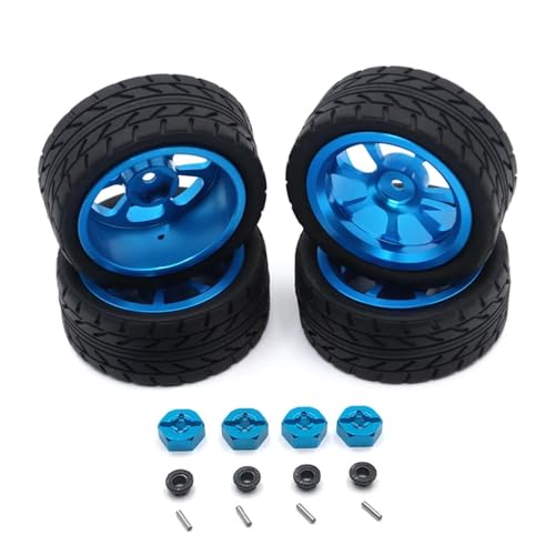 IJOSADON 144001 144010 124007 124016 124019 A959 A959-B Kompatibel 4 stücke 65mm Gummi Reifen Metall Felge 12mm Hex Kompatibel mit RC Auto Upgrade Teile(Blue) von IJOSADON