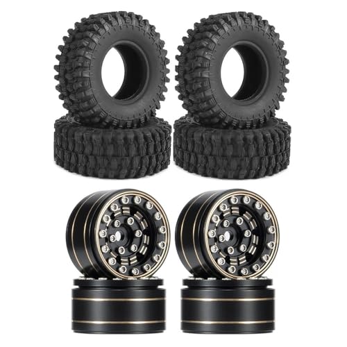 IJOSADON 4 Stück 50 x 20 mm Gummireifen, 1,0 Zoll Messingräder, Felge, kompatibel mit 1/18 1/24 RC Car Crawler SCX24 K5 Enduro24 Upgrade(Tires and Wheels) von IJOSADON