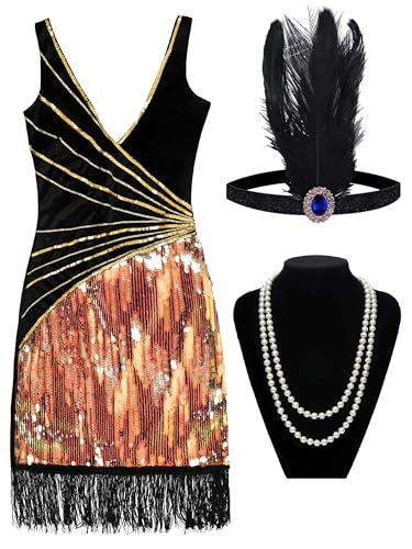 IKALI 1920er Jahre Kleidung Damen, 20er Jahre V Neck Sequin Fransen Kostüm Flapper Kleid mit Halskette Perlen Stirnband M von IKALI