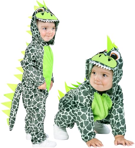 IKALI Kinder Dinosaurier Kostüm, Mädchen Jungen Kapuze Drachen Dino Jumpsuit, Tier Onesie für Kleinkinder Unisex Grün 6-12 Monat von IKALI
