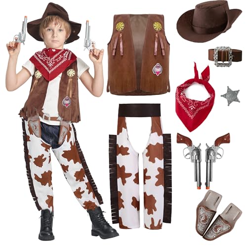 IKALI Cowboy-Kostüm für Kinder, Sheriff West Boy Kostüm mit Hut und Zubehör, für Halloween, 3-10 Jahre, Braun, 7-8 Jahre IKALI Cowboy-Kostüm für Kinder, Sheriff West Boy Kostüm mit Hut und Zubehör, für Halloween, 3-10 Jahre, Braun, 7-8 Jahre von IKALI