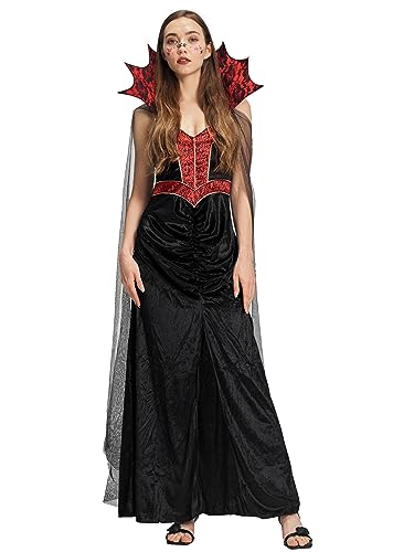 IKALI Damen Gothic Romantik Vampir Kostüm Vampirkleid Schwarz Königin Outfit, Erwachsene Dame Halloween Party Rollenspiel Dress Up Set S von IKALI