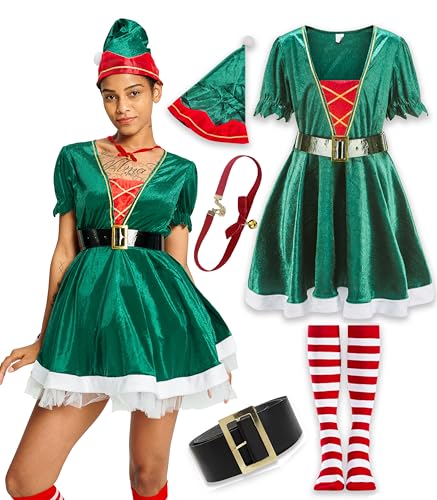 IKALI Damen Weihnachtskostüm Santa Elfen Kleid Rollenspiel Party Geschenk Erwachsene Kostüm Outfit mit Hut Gürtel Socke Halskette L von IKALI