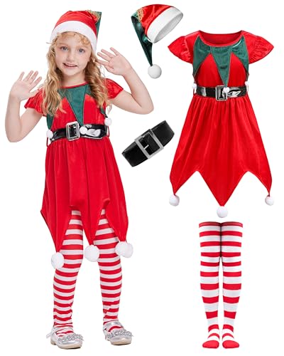IKALI Elfe Kostüm Mädchen, Elf Kostüm Kinder Weihnachtselfen Kostüm Kinder Kostümierung mit Langen Strümpfen Weihnachtsmütze 4-6 Jahre von IKALI