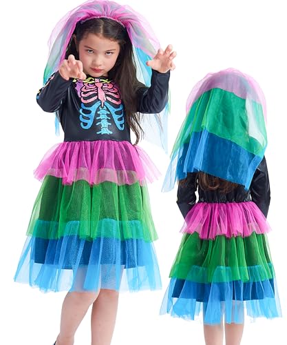 IKALI Farbe Knochen Kostüm für Mädchen Skelett Kleid Halloween Schädel Kostüm Neon Funky Outfit 2 Stück 8-10Jahre von IKALI