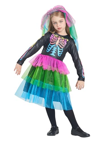 IKALI Farbe Knochen Kostüm für Mädchen Skelett Kleid Halloween Schädel Kostüm Neon Funky Outfit 2 Stück 8-10Jahre von IKALI