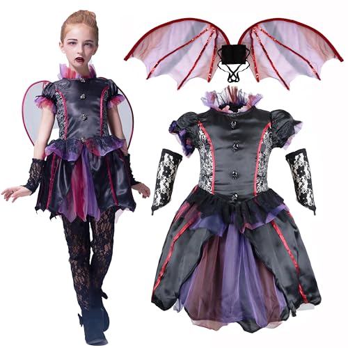 IKALI Fledermaus Kostüm Kinder, Halloween Mädchen Vampir Kostüm Gothic Evil Gräfin Kleid Deluxe Outfits mit Fledermausflügel 8-10 Jahre IKALI Fledermaus Kostüm Kinder, Halloween Mädchen Vampir Kostüm Gothic Evil Gräfin Kleid Deluxe Outfits mit Fledermausflügel 8-10 Jahre von IKALI