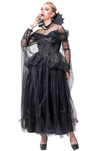 IKALI Frauen Hexe Schwarzes Kostüm Halloween Magic Tutu Kleid Erwachsenes viktorianisches Kostümkleid mit Umhang L von IKALI