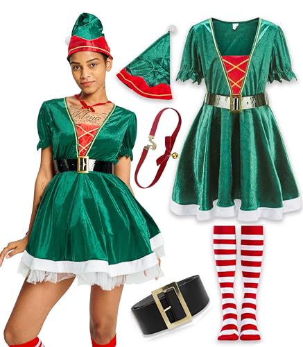 IKALI Frauen Weihnachtskostüm Santa Elf Kleid Rollenspiel Party Geschenk Erwachsene Kostüm Outfit mit Hut Gürtel Socke Halskette von IKALI