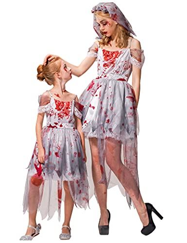 IKALI Frauen Zombie Braut Kostüm Halloween Damen Friedhof Ghost Corpse Gown Mama und ich passende Rollenspiel Kostüm XL von IKALI