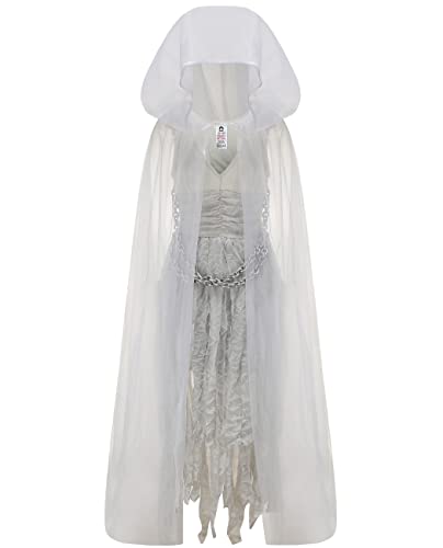 IKALI Damen Zombie Geisterbraut Kostüm, Halloween Lady Friedhof Kostüm Hexe Weißes Kleid Anbringen Langer Umhang mit Kapuze, Plastikkette S IKALI Damen Zombie Geisterbraut Kostüm, Halloween Lady Friedhof Kostüm Hexe Weißes Kleid Anbringen Langer Umhang mit Kapuze, Plastikkette S von IKALI