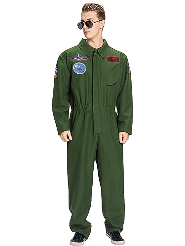 IKALI Herren Pilot Kostüm, Erwachsenen Flieger Kostüm Luftwaffe Fancy Dress Up Outfit für Karneval Weihnachten Fasching Party Khaki-Grün L-XL von IKALI