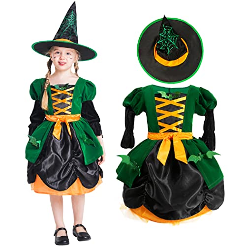 IKALI Hexe Kostüm für Mädchen Halloween Party Verrücktes Kleid Alt Grün Elf Hexenkleid mit Hut 2 Stück 3-4 Jahre von IKALI