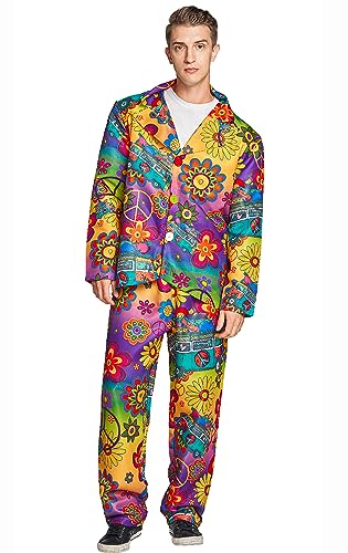 IKALI Hippie Kostüm Herren 60er 70er Hippie Halloween Anzug Erwachsene Oberteil und Hose für Fancy Dress Party XXL von IKALI