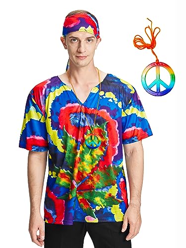IKALI Hippie Kostüm für Männer 60er 70er Shirt Hippy Top mit Stirnband Groovy Hippie Thema Fancy Dress Party L-XL von IKALI
