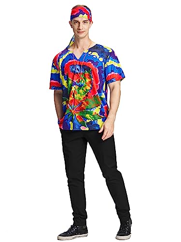 IKALI Hippie Kostüm für Männer 60er 70er Shirt Hippy Top mit Stirnband Groovy Hippie Thema Fancy Dress Party L-XL von IKALI