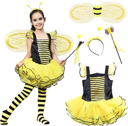 IKALI Hummel Bienen kostüm für Kinder Mädchen, Feen Tutu Rock Ballett Kleider mit Flügel, Stirnband, Zauberstab 4-6 Jahre von IKALI