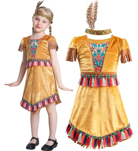 IKALI Indianer Kostüm Kinder Mädchen Heimisch indisch Kostüm Kinder Amerikanisch Outfit Beige Kleid mit Stirnband 3-4Jahre von IKALI