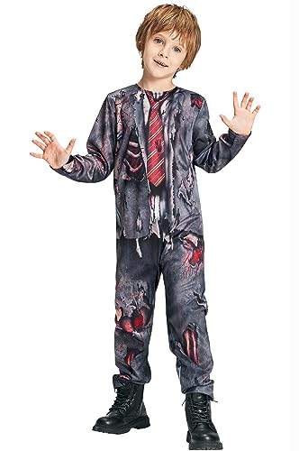 IKALI Schüler Zombie Kostüm für Kinder, Jungen Mädchen Student Blutige Leiche Jumpsuit Halloween Fancy Dress Up Outfit 8-10Jahre von IKALI