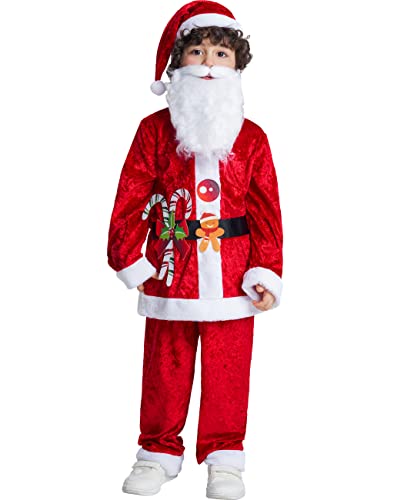 IKALI Jungen Weihnachtsmann Kostüm Weihnachtsmann Outfit Kinder Fancy Party Geschenk mit Hut Weißbart 4-teiliges Set 7-8 Jahre von IKALI