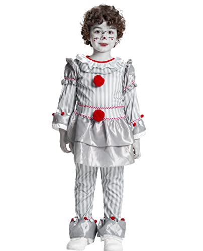 IKALI Kinder Clown Kostüm Halloween Unheimlich Fancy Dress Up Outfit Jungs Mädchen Klassisch Grau Skiller Clown Maskerade Overall 4-6 Jahre von IKALI