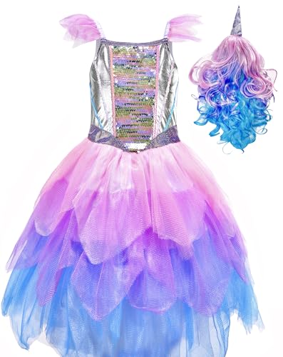 IKALI Kinder Einhorn Kostüm mit Perücke Prinzessin Kleid für Mädchen 8-10 Jahre von IKALI