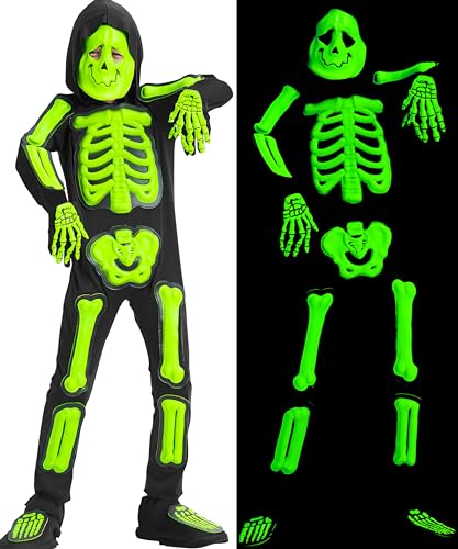 IKALI Kinder Glühen im Dunkeln Skelett Kostüm Halloween Grün Knochen Fancy Kleid Outfit mit Maske 10-12 Jahre von IKALI