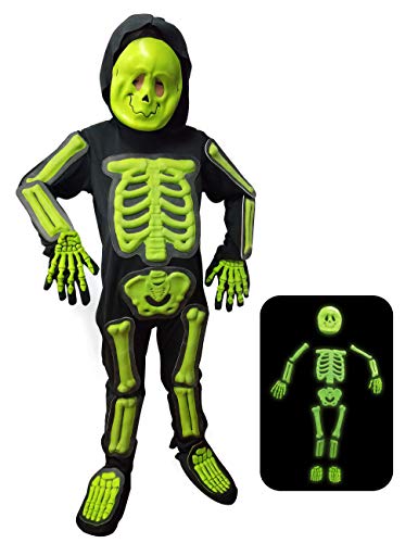 IKALI Kinder Halloween Skelett Kostüm, 3D Glühen im Dunkeln Knochen Overall 6-teilig für Alter 4-6 Jahre von IKALI